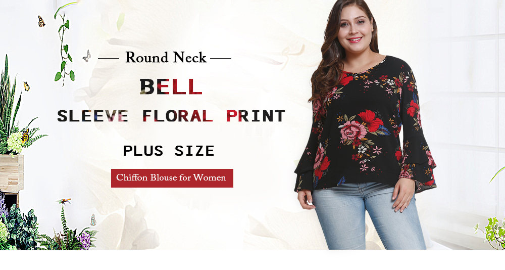 Round Neck Long Bell Sleeve Floral Print Plus Size Women Chiffon Blouse