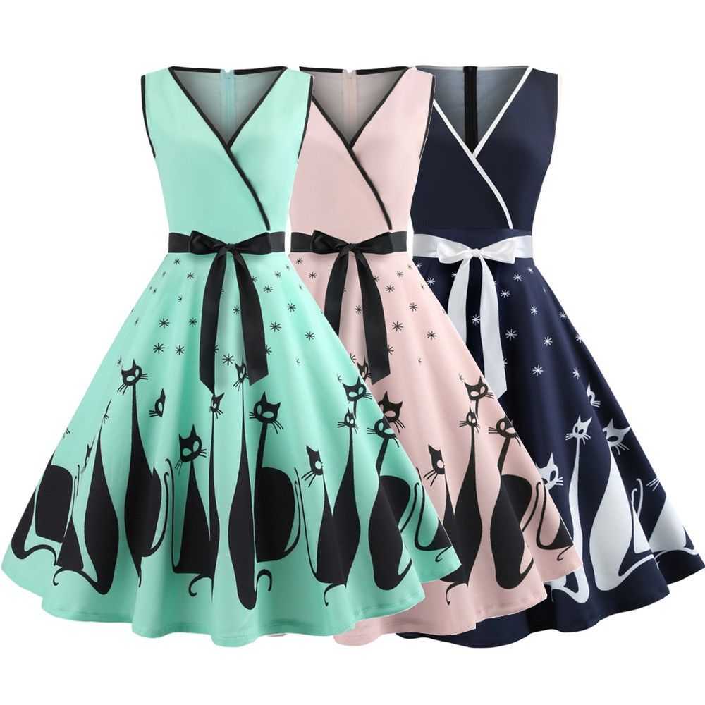 Hepburn Vintage Series Women Dress Spring And Summer V-Neck Halloween Cat Printing Design Sleeveless Belt Corset Retro Dress