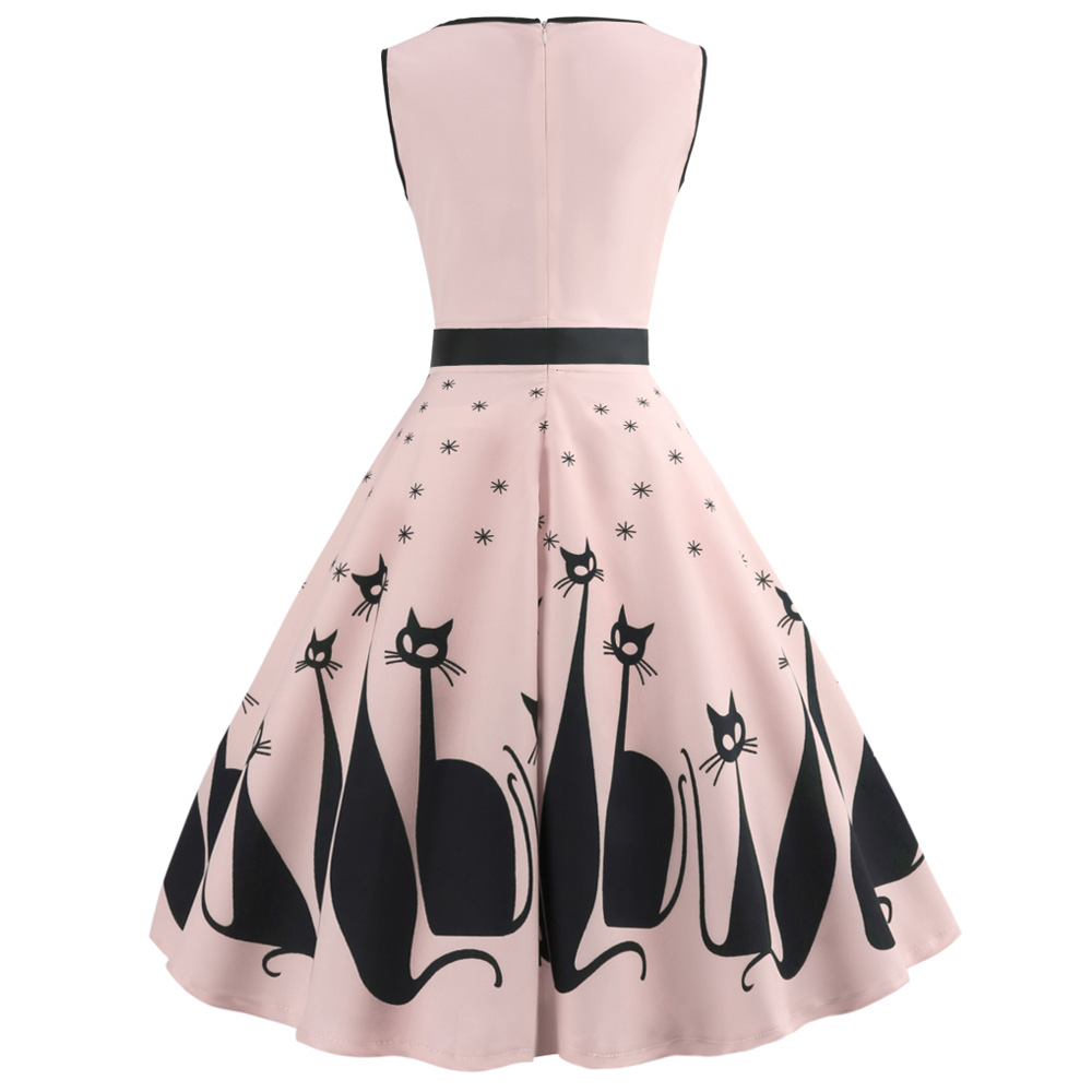 Hepburn Vintage Series Women Dress Spring And Summer V-Neck Halloween Cat Printing Design Sleeveless Belt Corset Retro Dress