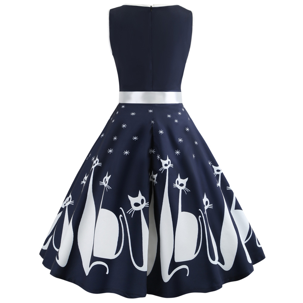 Hepburn Vintage Series Women Dress Spring And Summer V-Neck Halloween Cat Printing Design Sleeveless Belt Corset Retro Dress