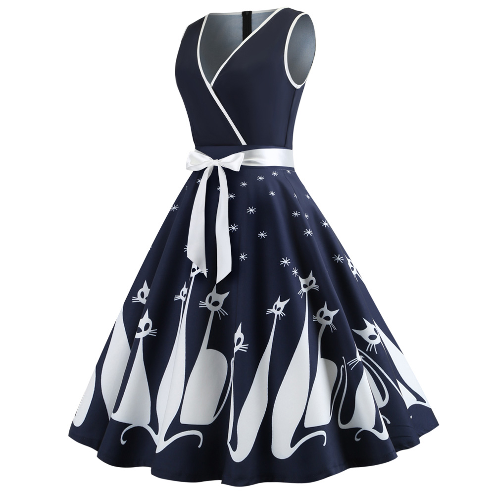 Hepburn Vintage Series Women Dress Spring And Summer V-Neck Halloween Cat Printing Design Sleeveless Belt Corset Retro Dress