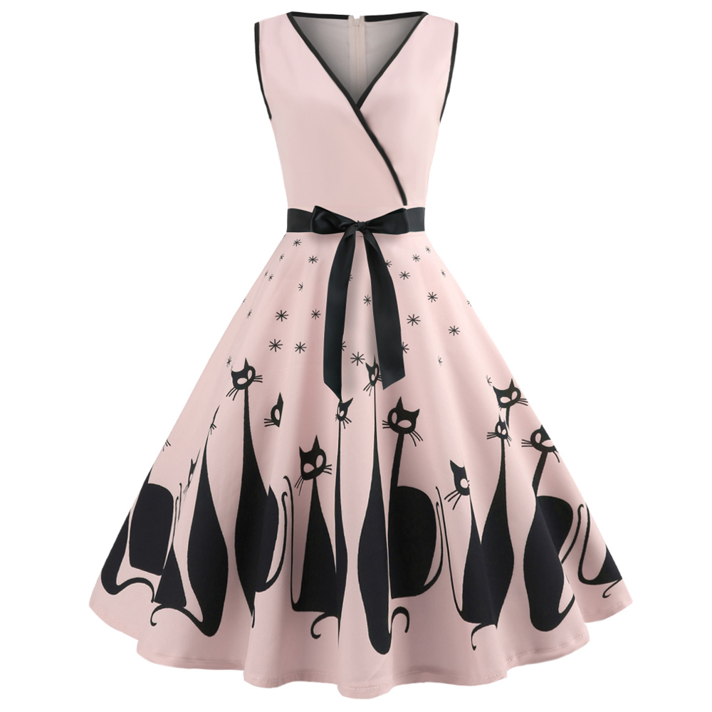 Hepburn Vintage Series Women Dress Spring And Summer V-Neck Halloween Cat Printing Design Sleeveless Belt Corset Retro Dress