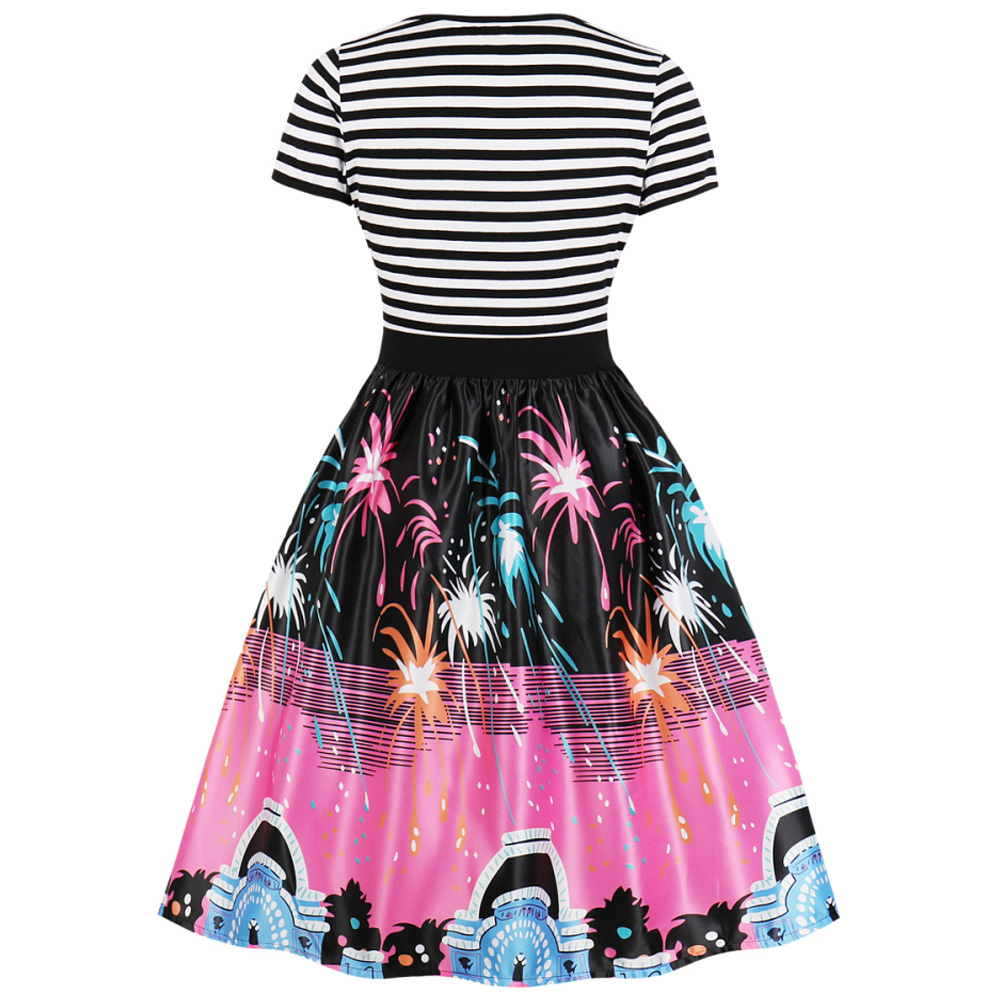 Hepburn Vintage Series Women Dress Spring And Winter Round Neck Cat&fish&Christmas Printing Stitching Design Short Sleeve Corset Retro Dress