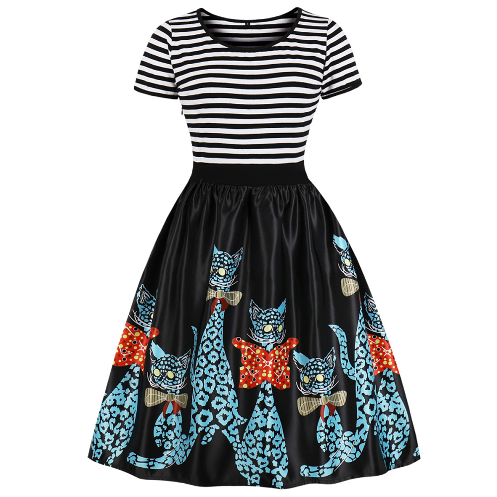 Hepburn Vintage Series Women Dress Spring And Winter Round Neck Cat&fish&Christmas Printing Stitching Design Short Sleeve Corset Retro Dress