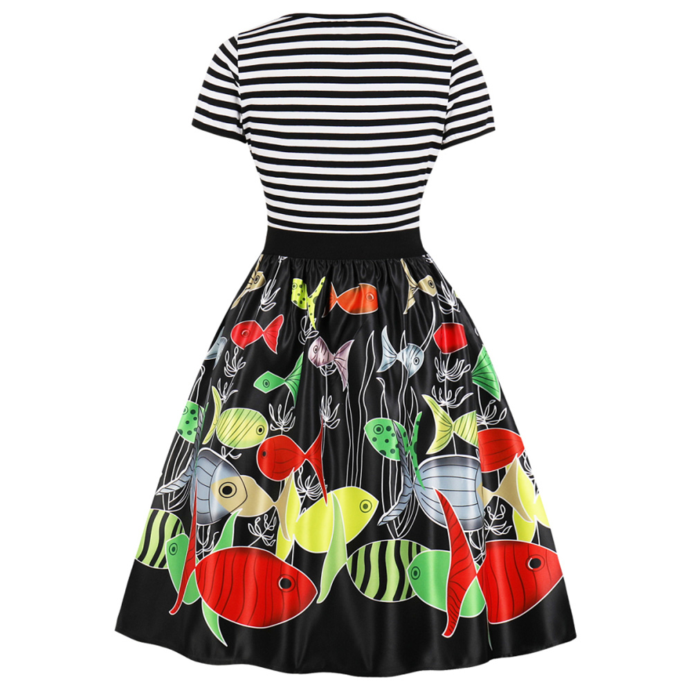 Hepburn Vintage Series Women Dress Spring And Winter Round Neck Cat&fish&Christmas Printing Stitching Design Short Sleeve Corset Retro Dress