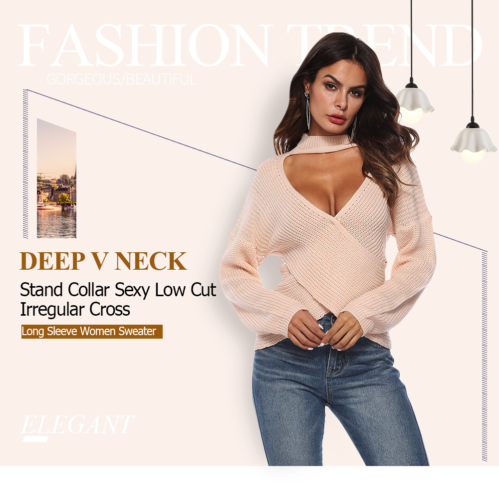 Deep V Neck Stand Collar Sexy Low Cut Irregular Cross Long Sleeve Women Sweater