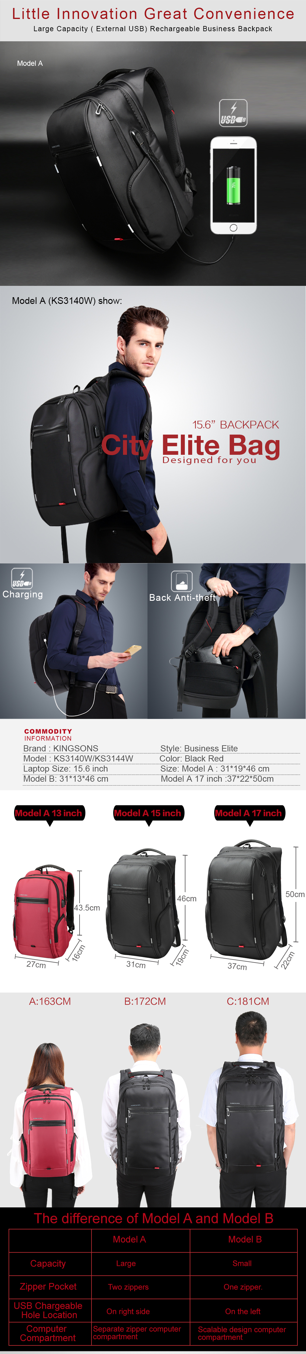 Kingsons KS3140W USB Charge Computer Backpacks Anti-Theft Waterproof Bags Fo Men