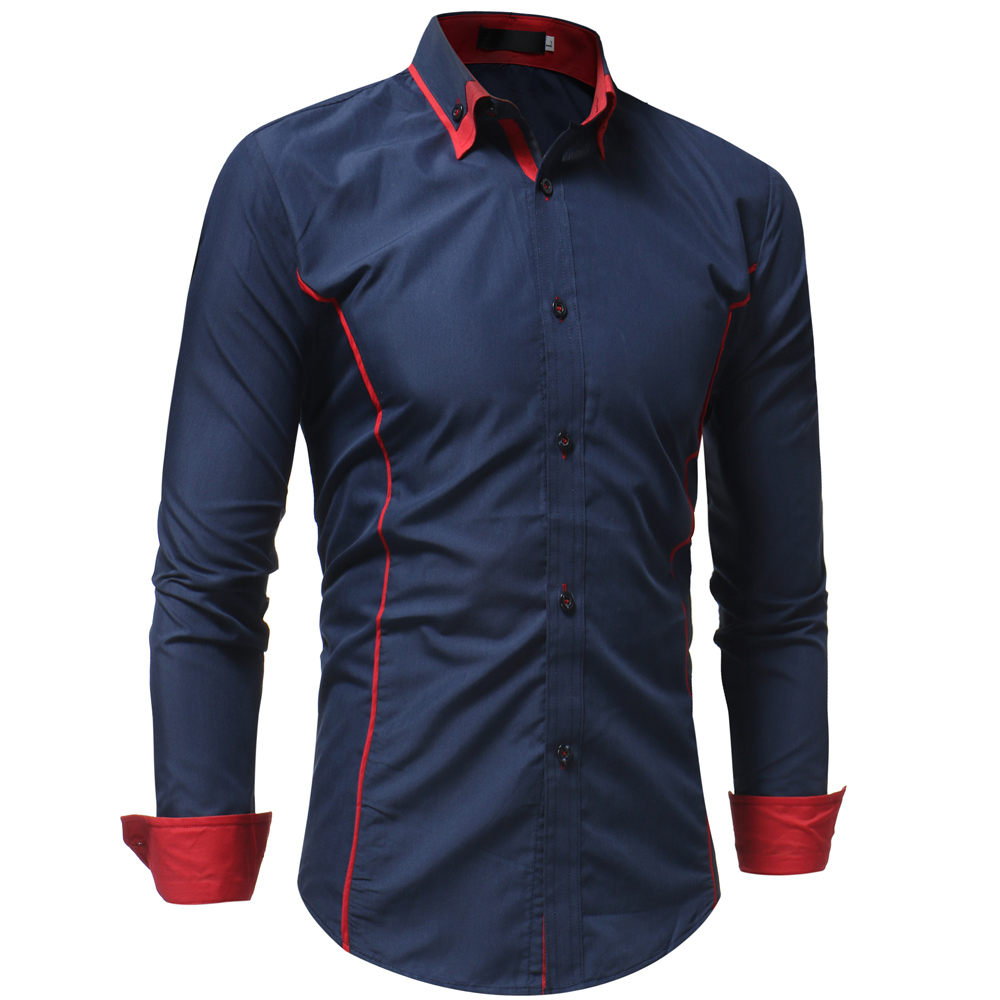 Fashion Classic Contrast Color Double Collar Men's Casual Slim Long Sleeve Shirt