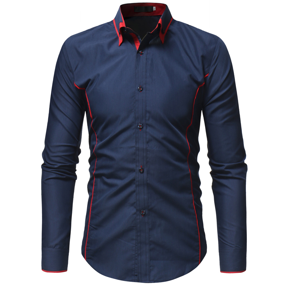 Fashion Classic Contrast Color Double Collar Men's Casual Slim Long Sleeve Shirt