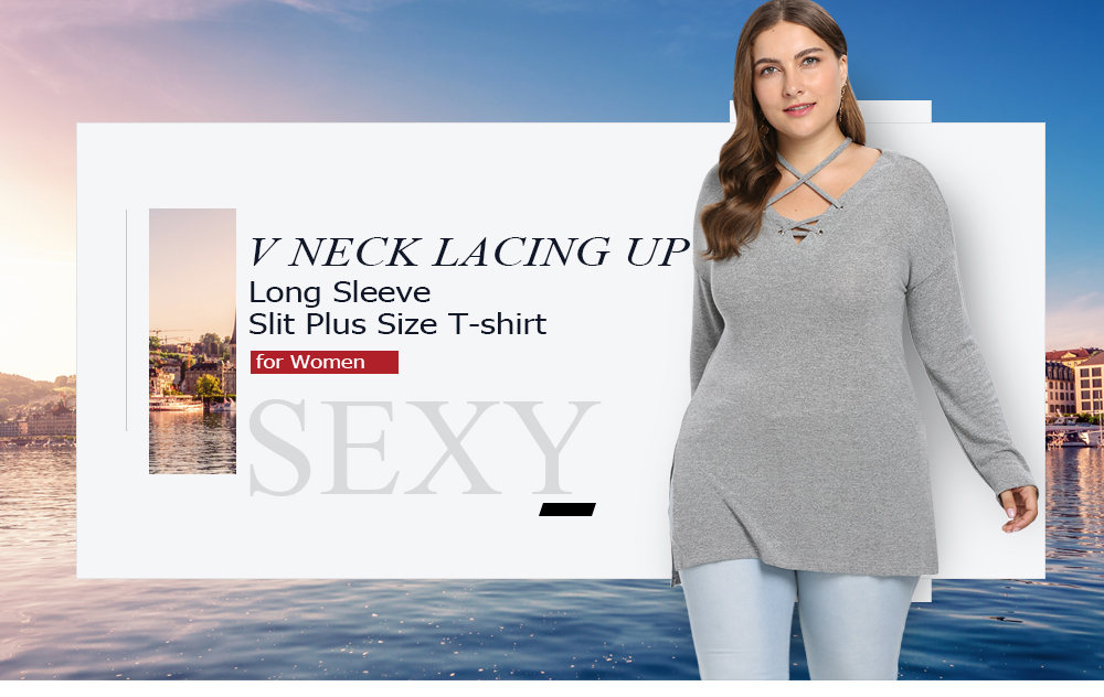 V Neck Lacing Up Long Sleeve Slit Solid Color Plus Size Women T-shirt