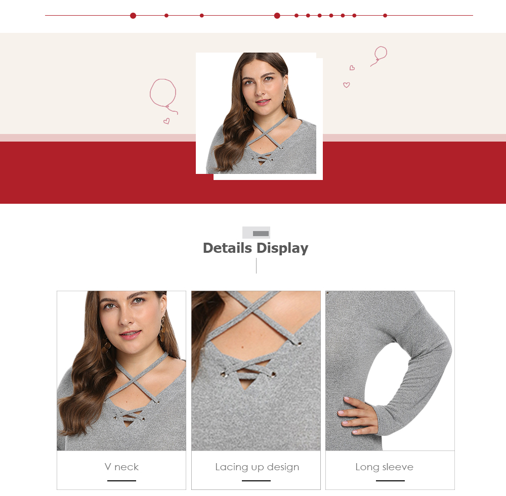 V Neck Lacing Up Long Sleeve Slit Solid Color Plus Size Women T-shirt