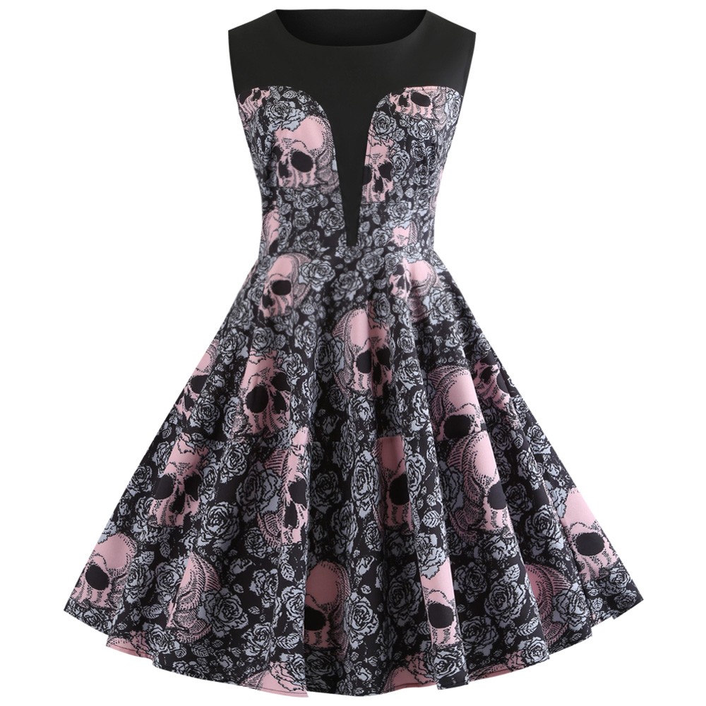 Hepburn Vintage Series Women Dress Spring And Summer Round Neck Halloween Skull Printing Design Sleeveless Corset Dress