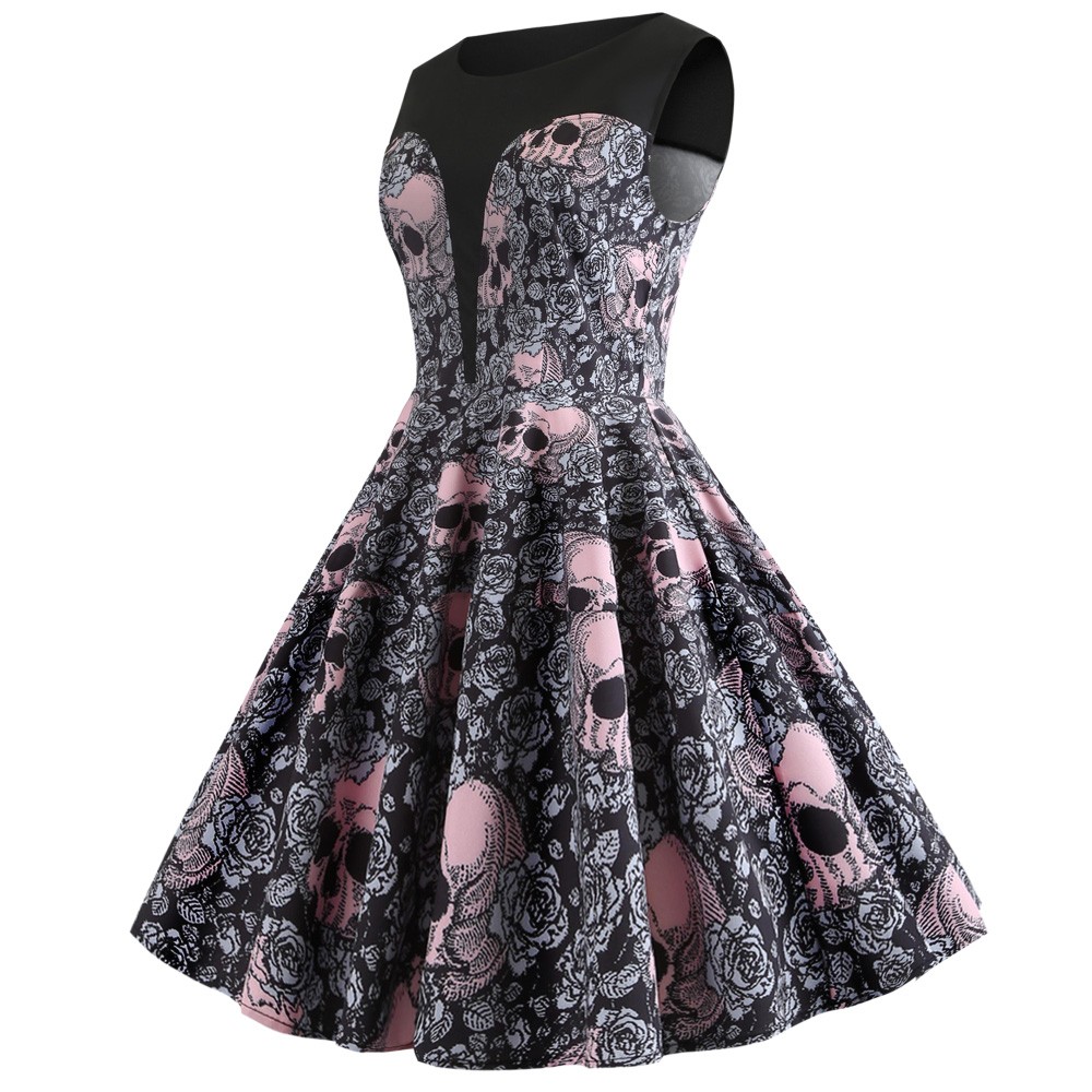 Hepburn Vintage Series Women Dress Spring And Summer Round Neck Halloween Skull Printing Design Sleeveless Corset Dress