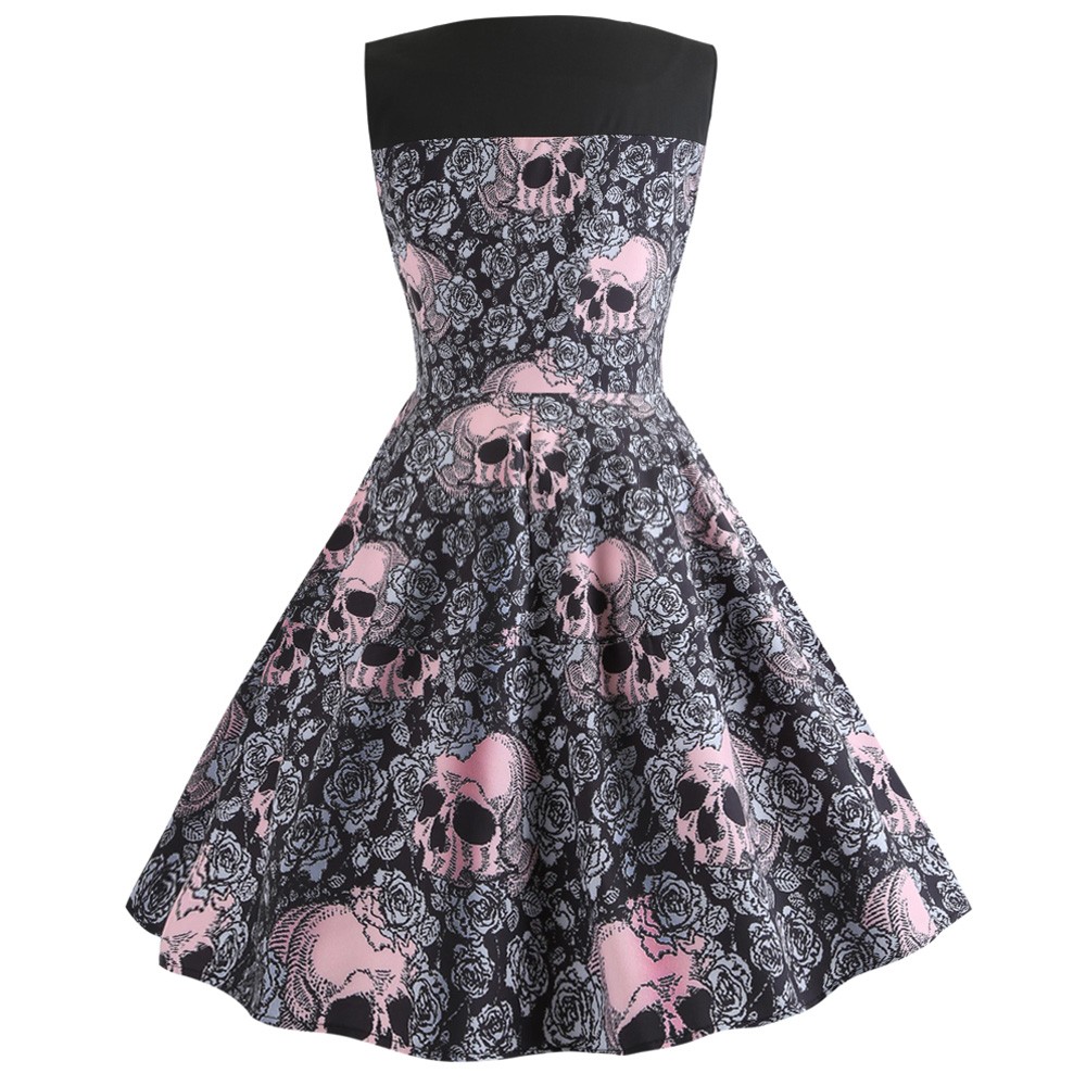 Hepburn Vintage Series Women Dress Spring And Summer Round Neck Halloween Skull Printing Design Sleeveless Corset Dress