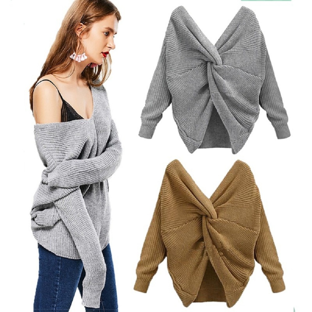 Two wear V-neck knotted halter sweater long sleeve sweater 8 color