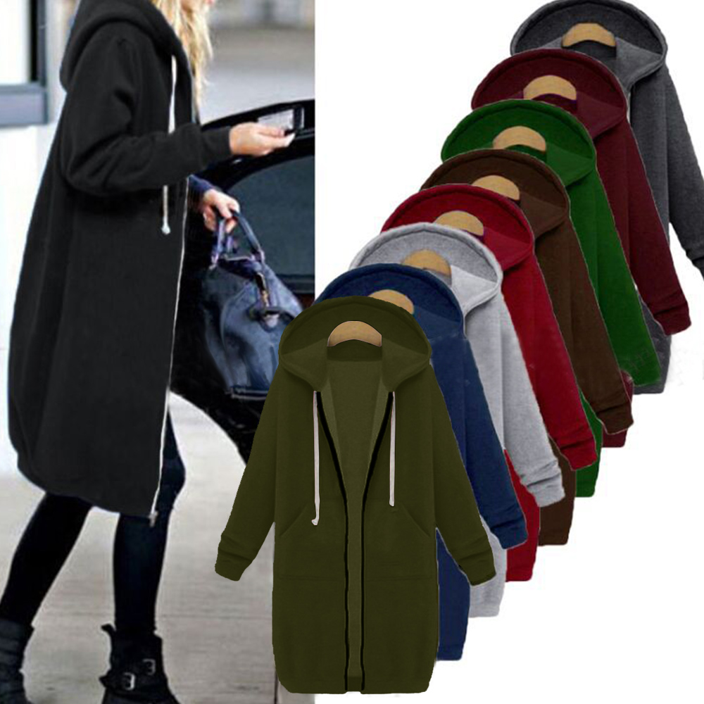 Plus Size Winter Womens Zip Up Open Hooded Hoodies Ladies Long Sleeve Coat Tops Jacket S-5XL Plus Size