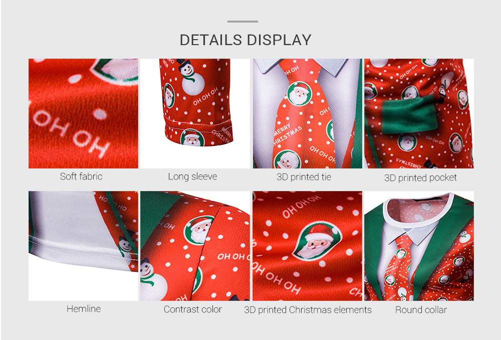 Round Collar 3D Printing Christmas Tie Fashion Long Sleeve Men Shirt