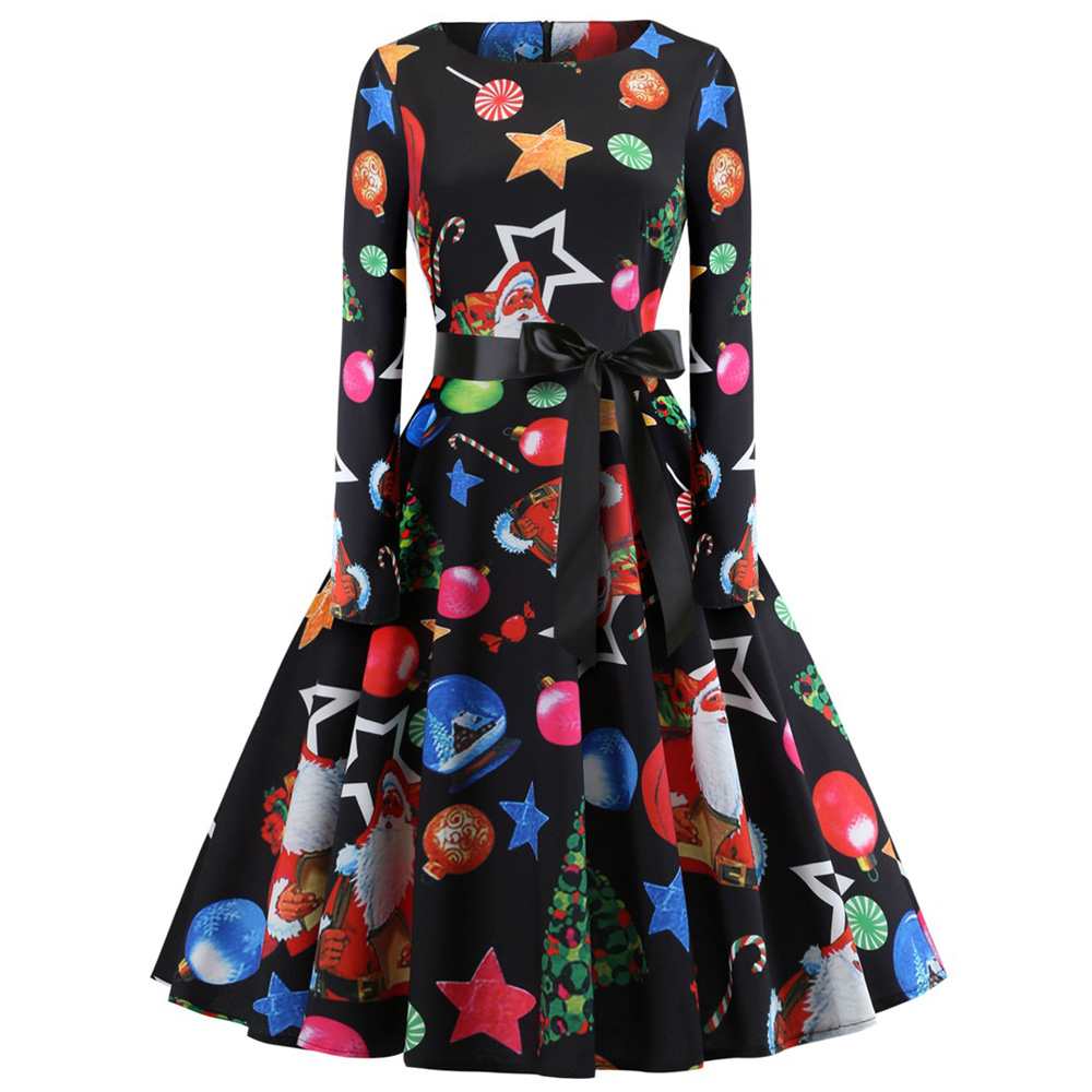 Hepburn Vintage Series Women Dress Spring And Summer Round Neck Christmas Printing Design Long Sleeve Belt Corset Dress