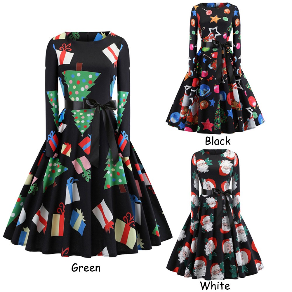 Hepburn Vintage Series Women Dress Spring And Summer Round Neck Christmas Printing Design Long Sleeve Belt Corset Dress