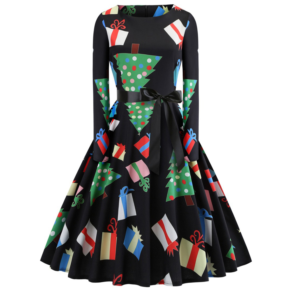 Hepburn Vintage Series Women Dress Spring And Summer Round Neck Christmas Printing Design Long Sleeve Belt Corset Dress