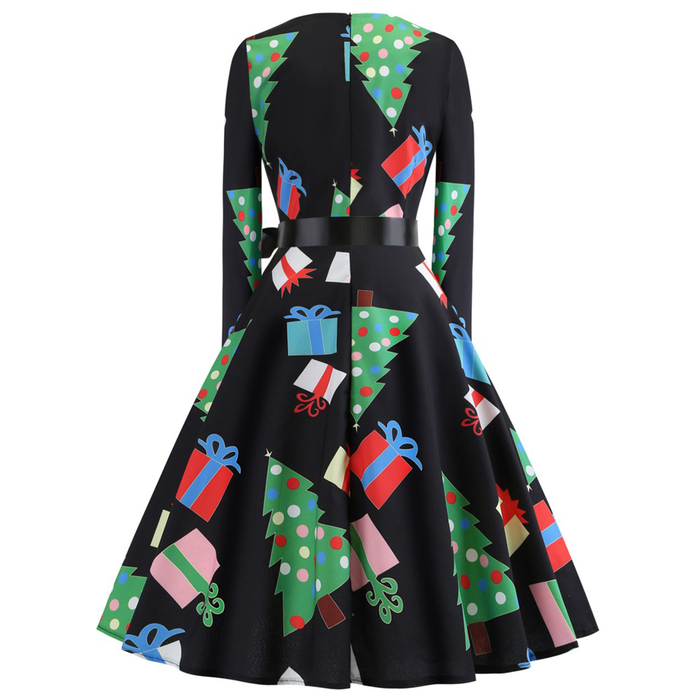 Hepburn Vintage Series Women Dress Spring And Summer Round Neck Christmas Printing Design Long Sleeve Belt Corset Dress