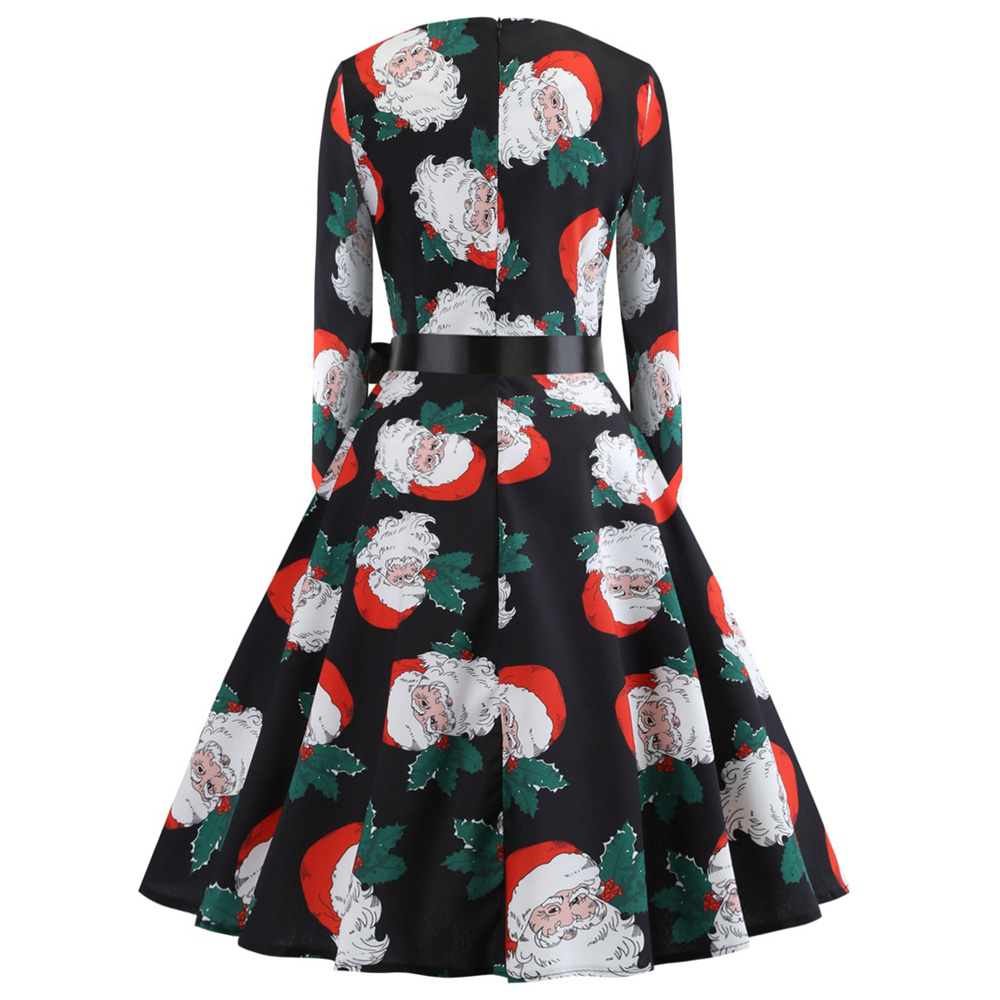 Hepburn Vintage Series Women Dress Spring And Summer Round Neck Christmas Printing Design Long Sleeve Belt Corset Dress