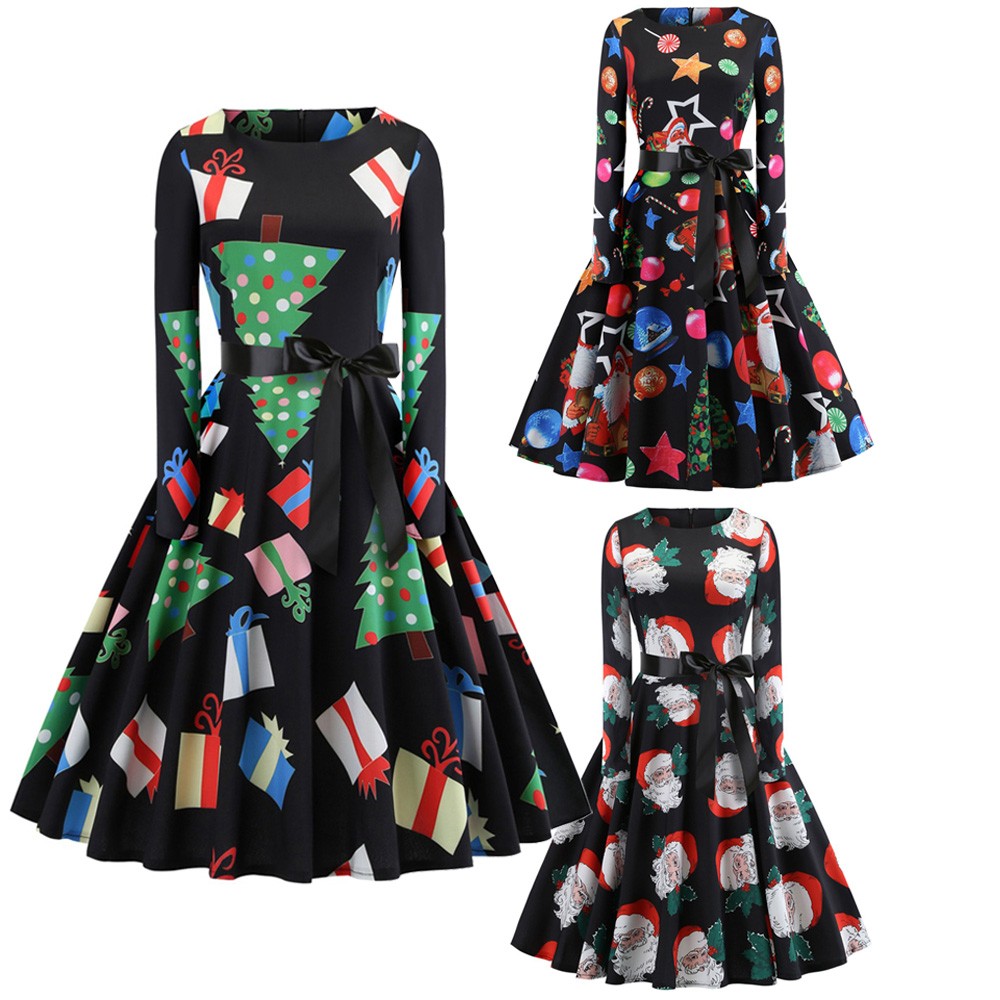 Hepburn Vintage Series Women Dress Spring And Summer Round Neck Christmas Printing Design Long Sleeve Belt Corset Dress