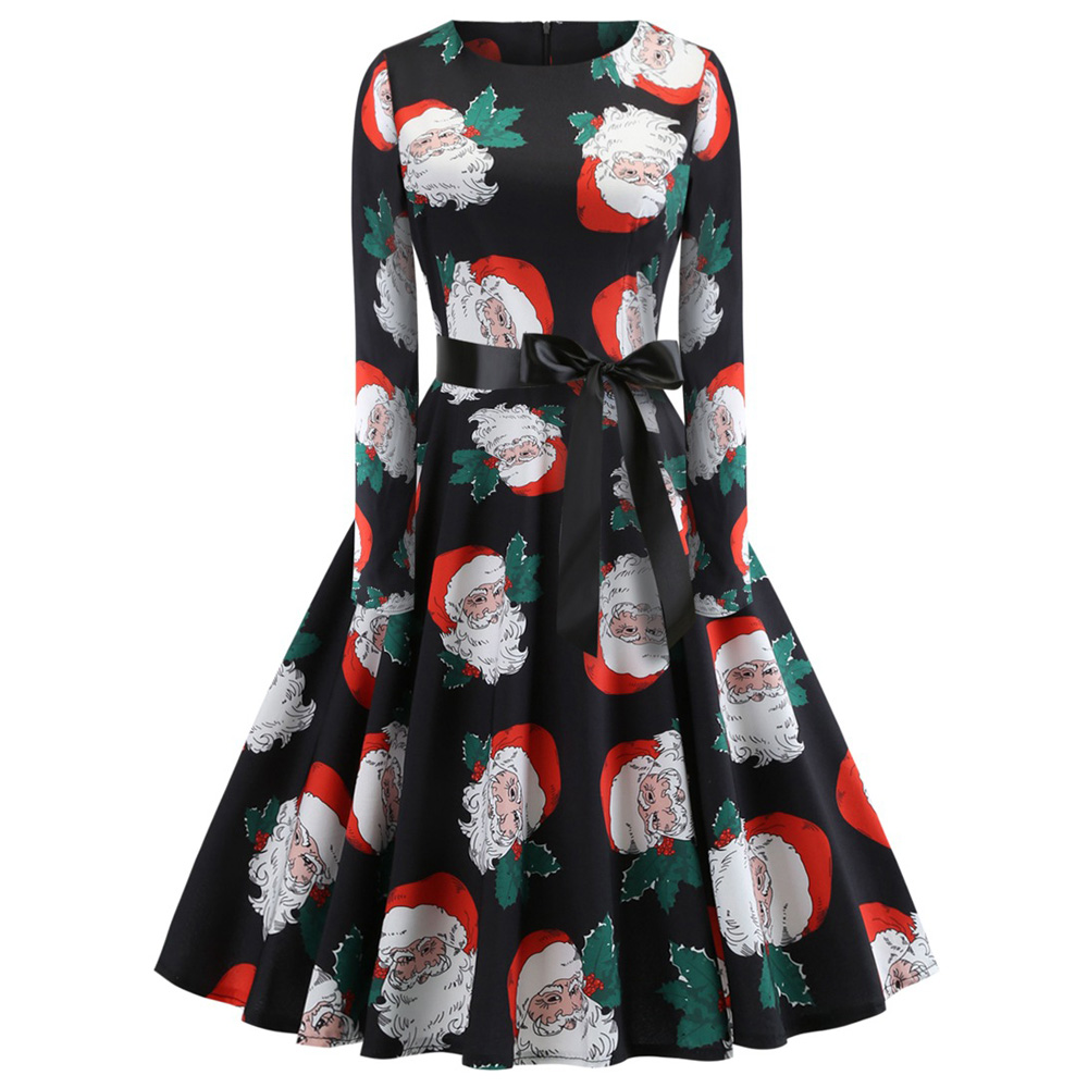 Hepburn Vintage Series Women Dress Spring And Summer Round Neck Christmas Printing Design Long Sleeve Belt Corset Dress