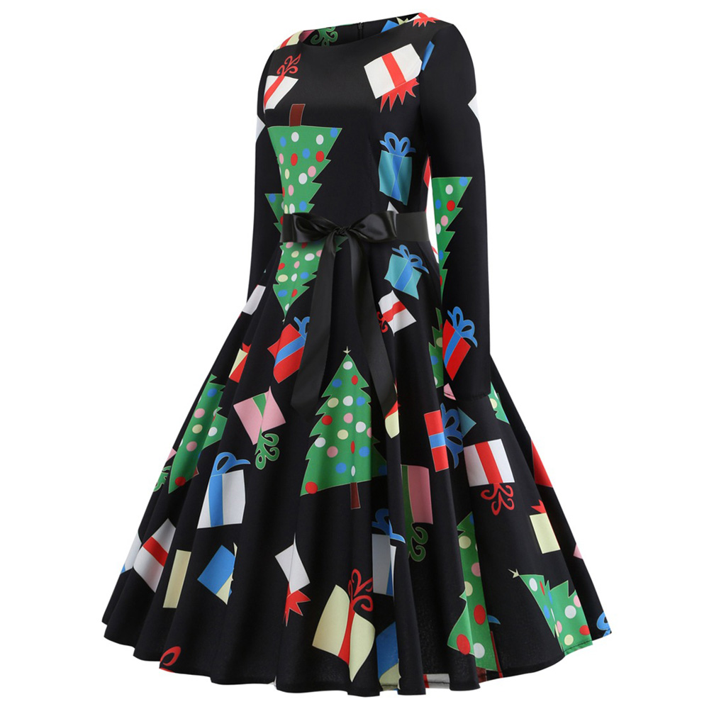 Hepburn Vintage Series Women Dress Spring And Summer Round Neck Christmas Printing Design Long Sleeve Belt Corset Dress