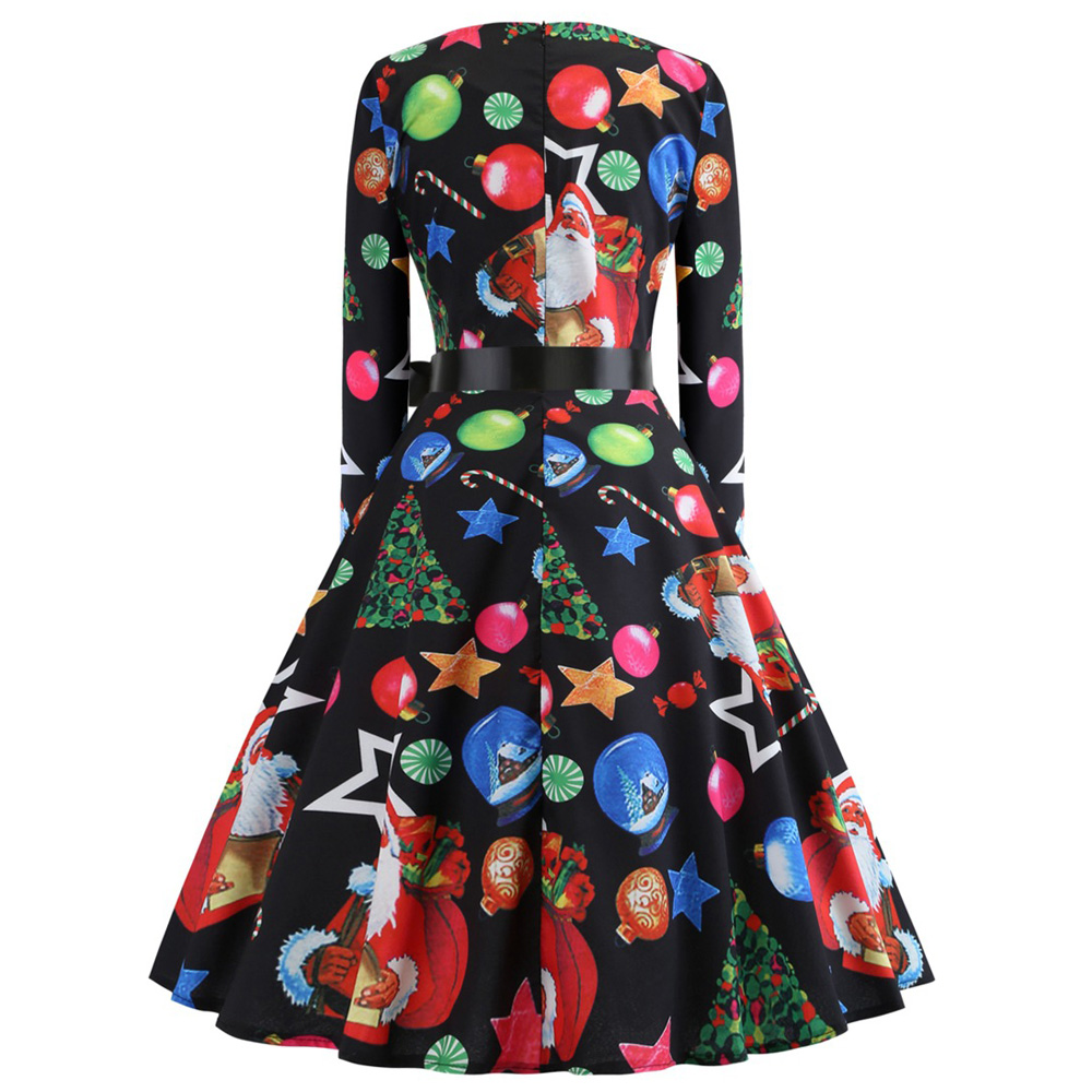 Hepburn Vintage Series Women Dress Spring And Summer Round Neck Christmas Printing Design Long Sleeve Belt Corset Dress