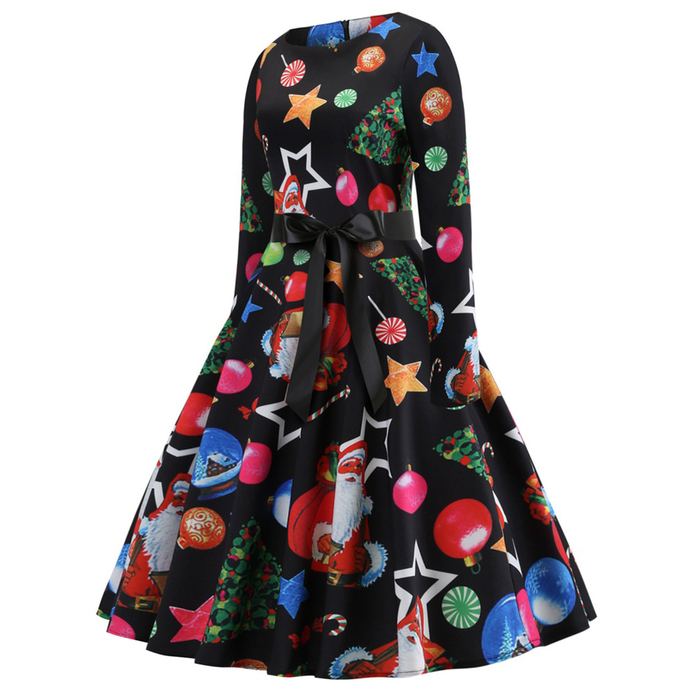 Hepburn Vintage Series Women Dress Spring And Summer Round Neck Christmas Printing Design Long Sleeve Belt Corset Dress