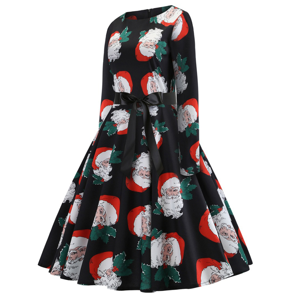 Hepburn Vintage Series Women Dress Spring And Summer Round Neck Christmas Printing Design Long Sleeve Belt Corset Dress