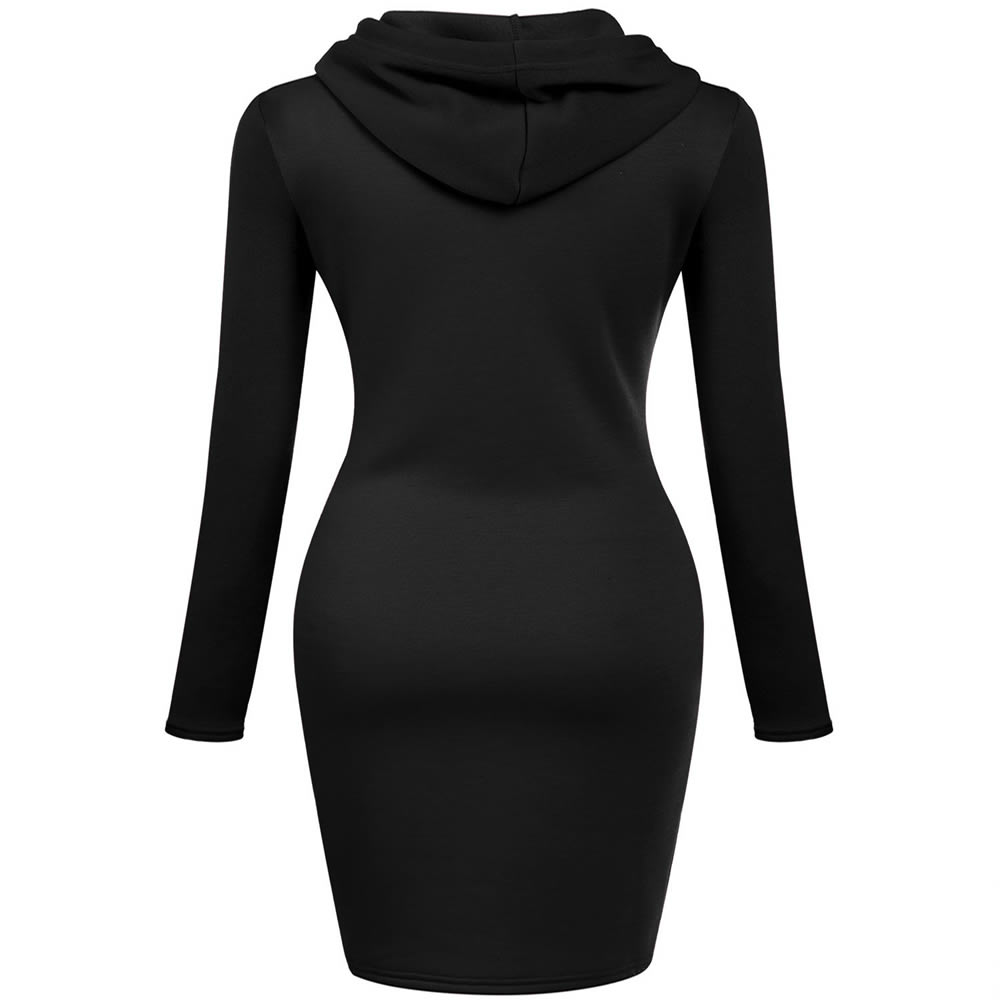 Autumn Winter Three Color Hooded Lace Pocket Sweater Dress Female