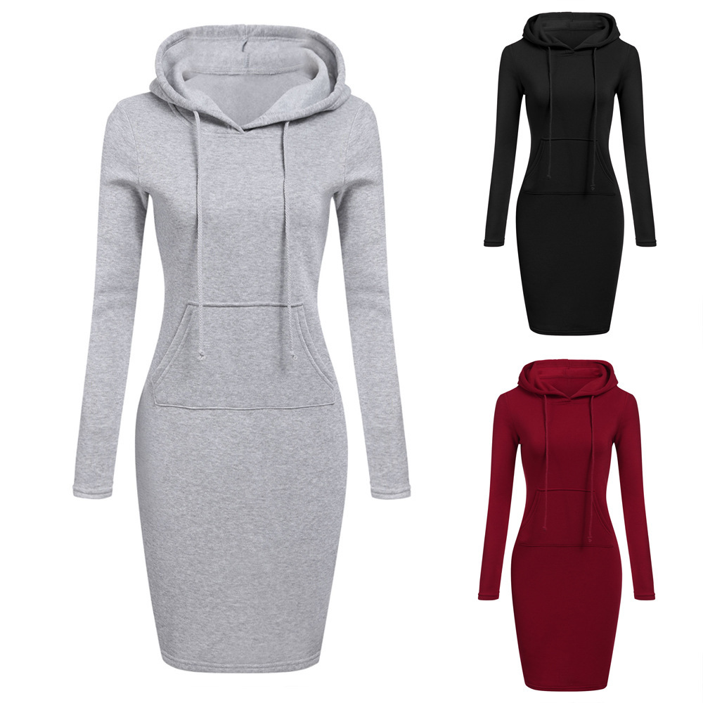 Autumn Winter Three Color Hooded Lace Pocket Sweater Dress Female