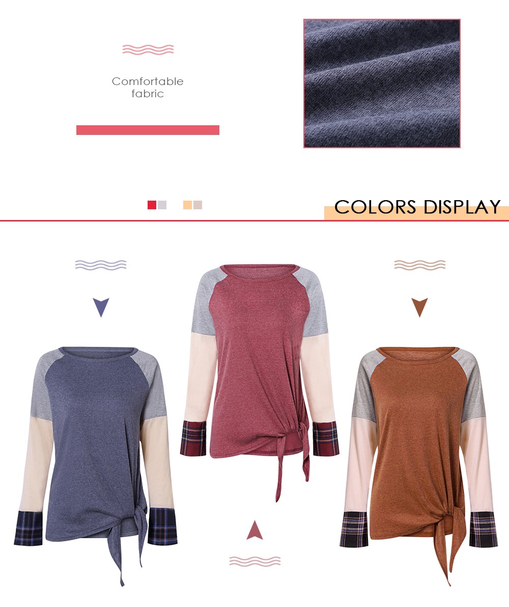 Round Collar Plaid Spliced Long Sleeve Color Blocking Tied Women T-shirt