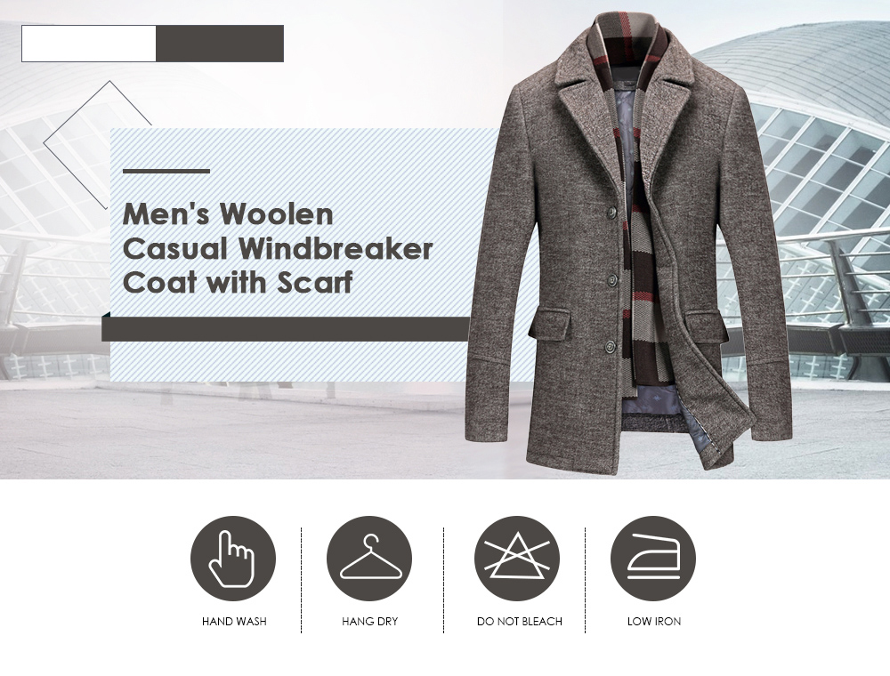 Men's Woolen Casual Windbreaker Coat with Scarf