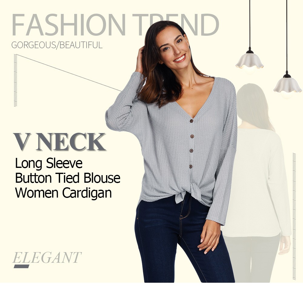 V Neck Long Sleeve Solid Color Button Tied Blouse Women Knit Cardigan