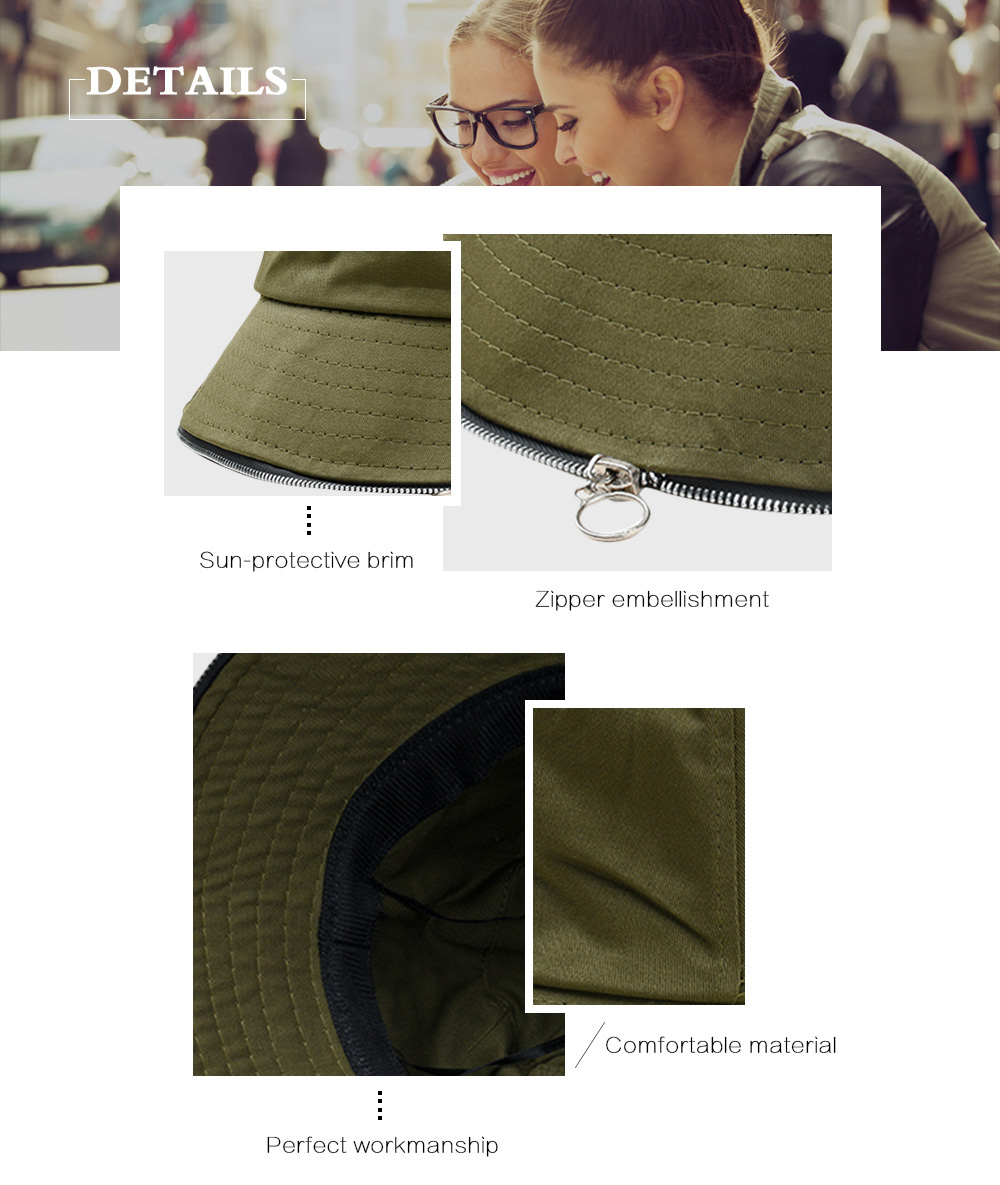 Unisex Solid Color Cotton Zipper Embellished Outdoor Sun Cap Bucket Hat