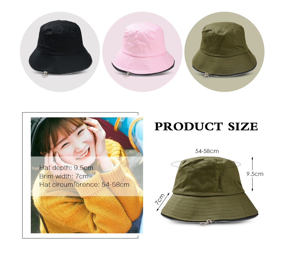 Unisex Solid Color Cotton Zipper Embellished Outdoor Sun Cap Bucket Hat