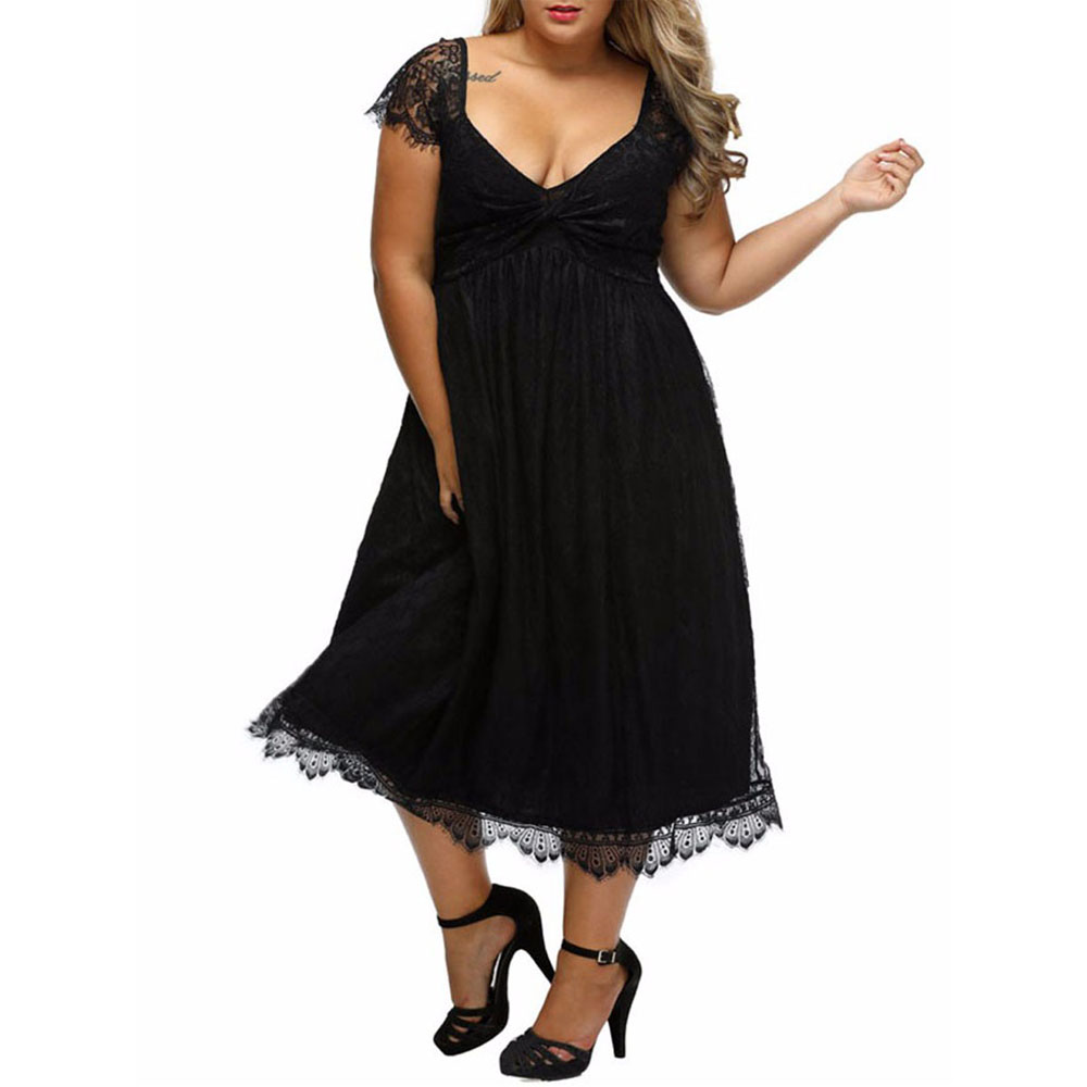 European and American Large Size Elegant Lace Stitching V-Neck Gothic Dress