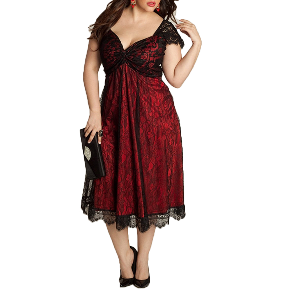 European and American Large Size Elegant Lace Stitching V-Neck Gothic Dress