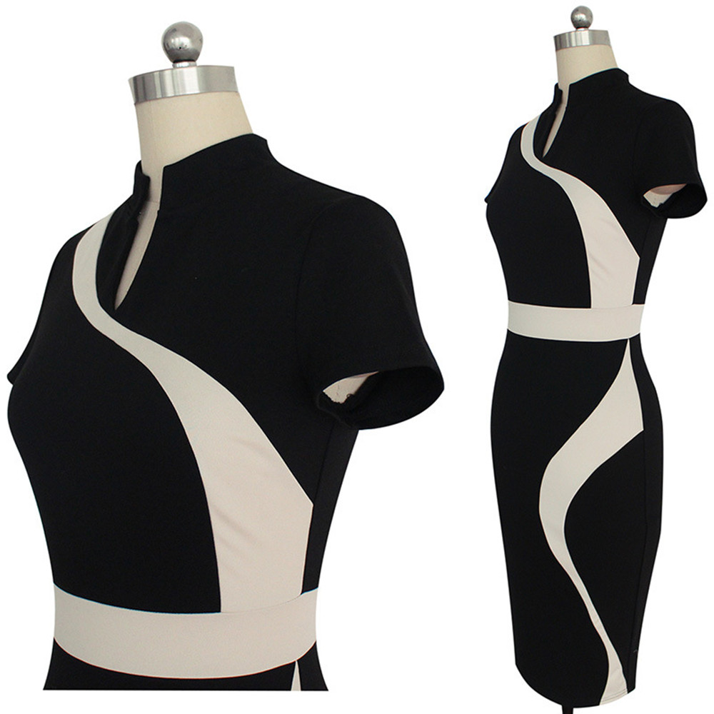 Women's Stand Collar Color Block Patchwork Slim Short Sleeve Pencil Dress