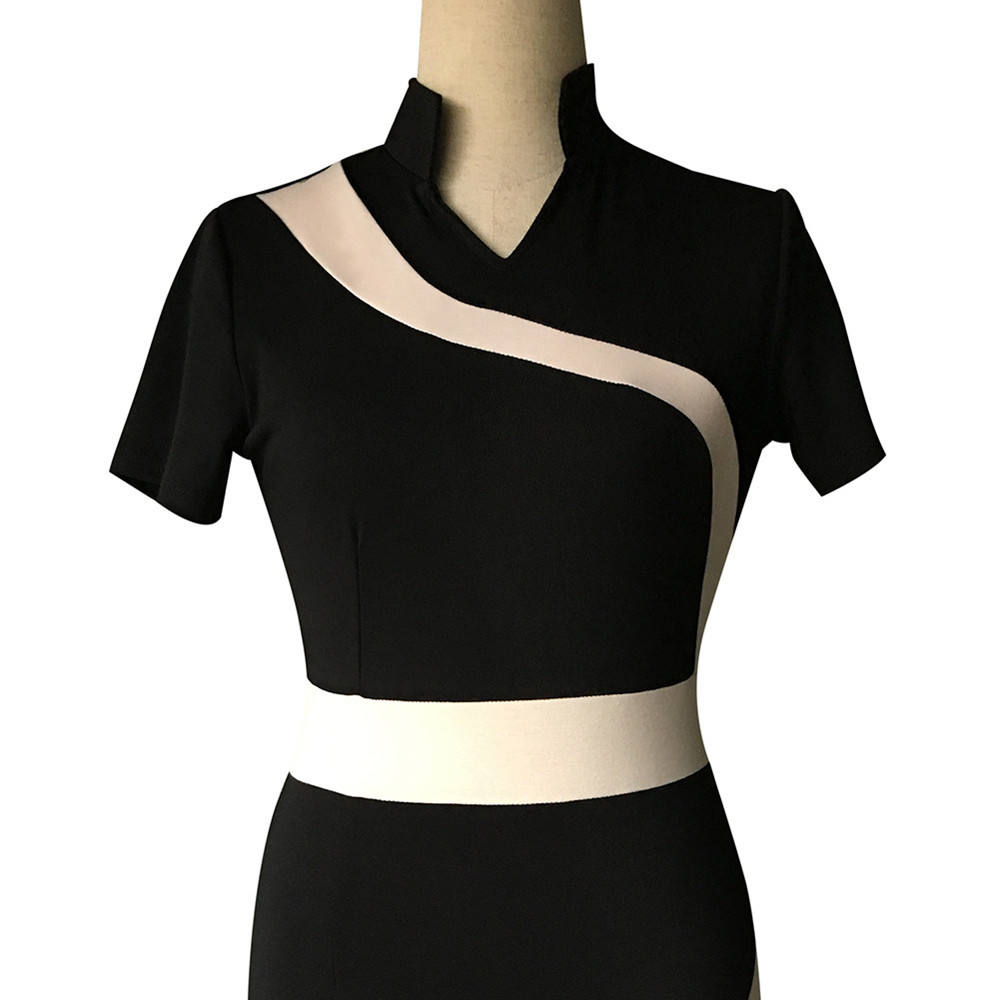 Women's Stand Collar Color Block Patchwork Slim Short Sleeve Pencil Dress