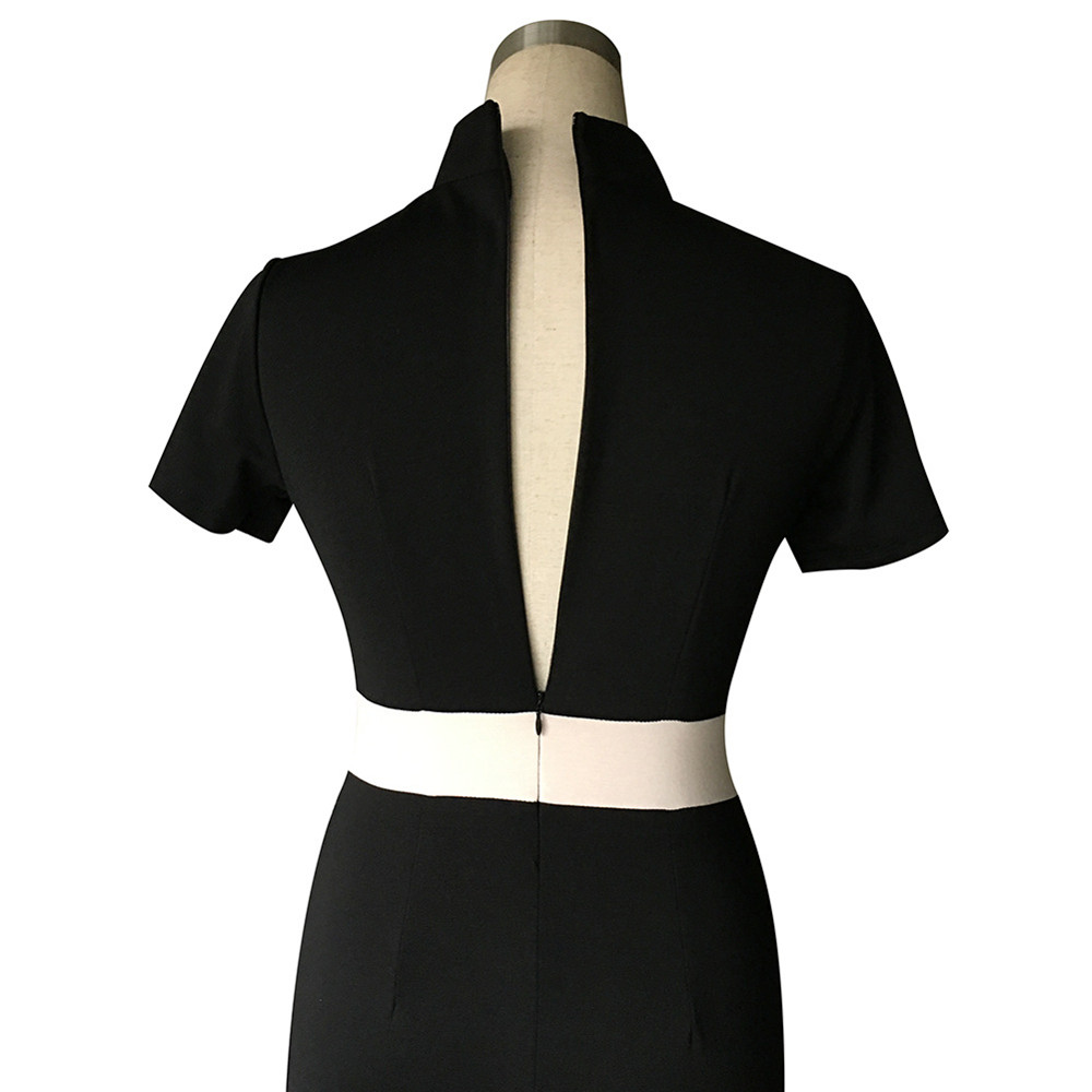 Women's Stand Collar Color Block Patchwork Slim Short Sleeve Pencil Dress