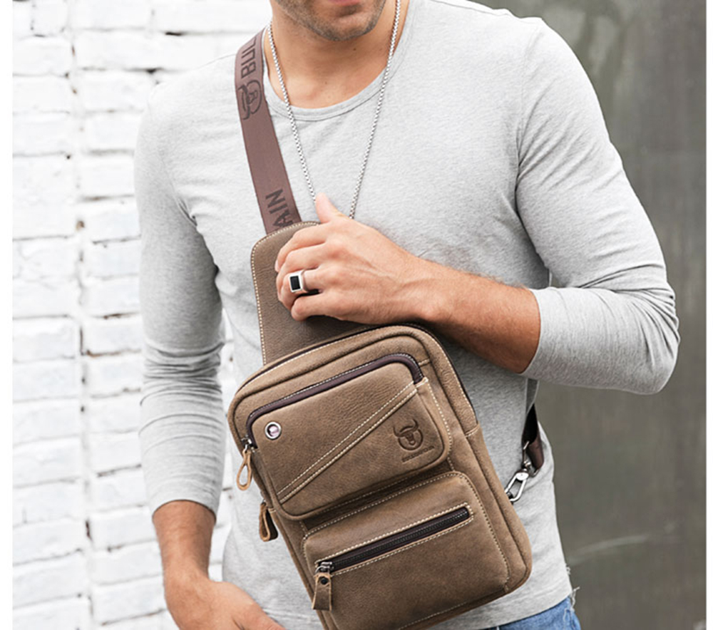 Men Chest Bag Clasp Genuine Leather Messenger Crossbody Fashion Cellphone pocket