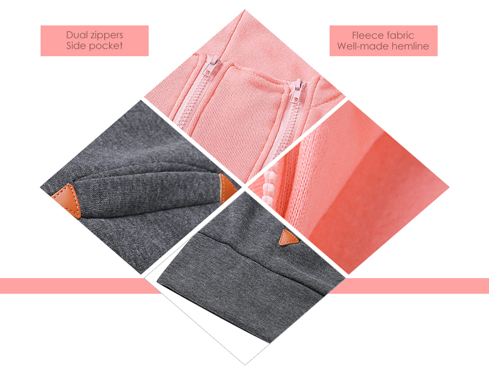 Hooded Long Sleeve Color Blocking Pocket Zipper Fleece Coat Women Hoodie