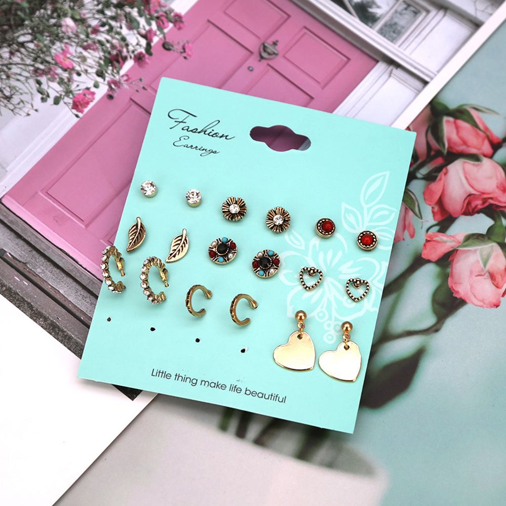 9-PIECE Set with Diamond Leaf Heart-Shaped Earring for Women'S Fashion