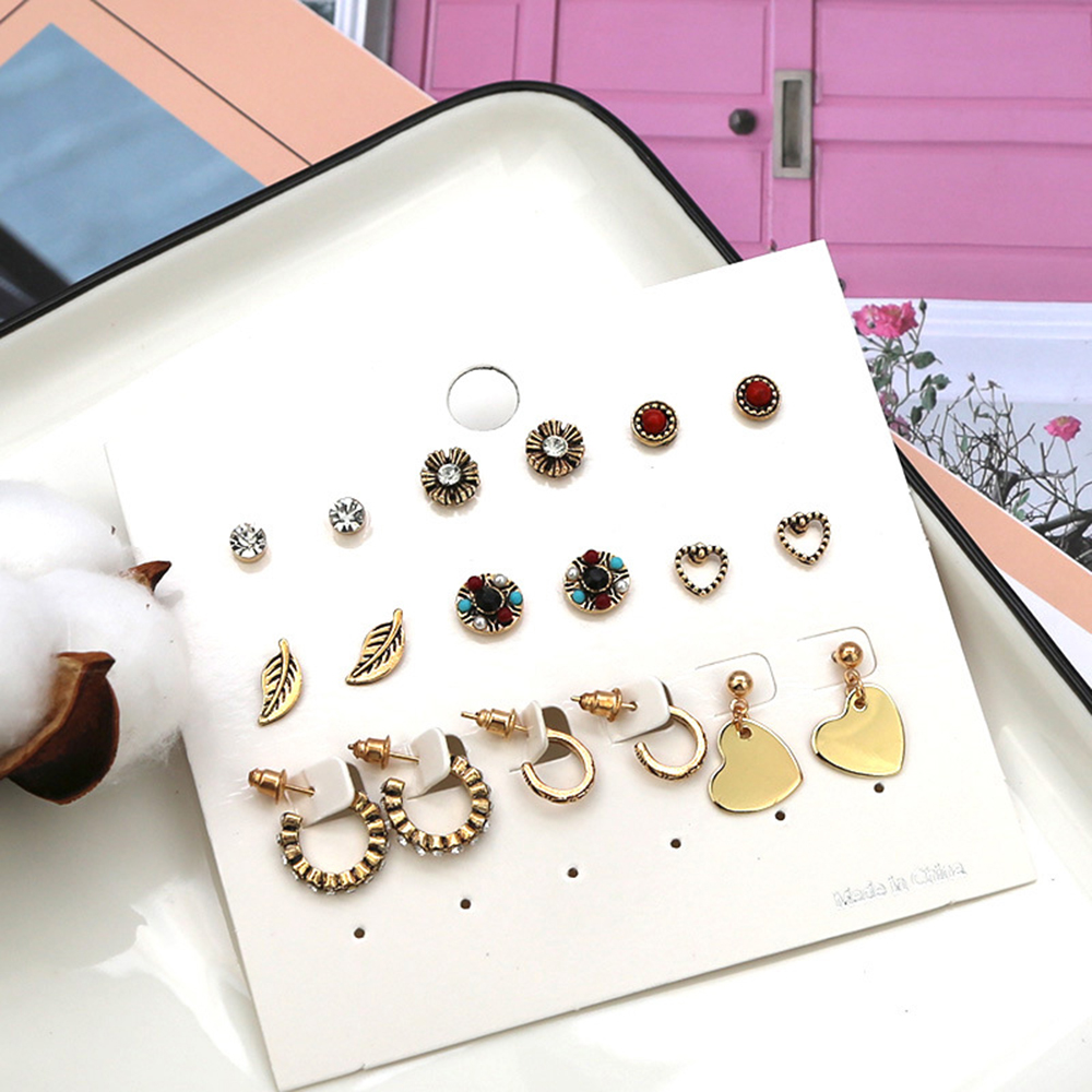 9-PIECE Set with Diamond Leaf Heart-Shaped Earring for Women'S Fashion