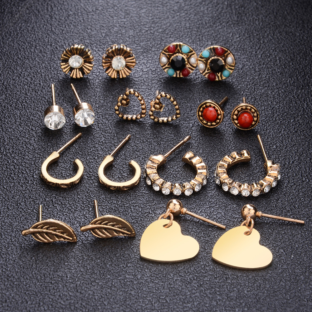 9-PIECE Set with Diamond Leaf Heart-Shaped Earring for Women'S Fashion