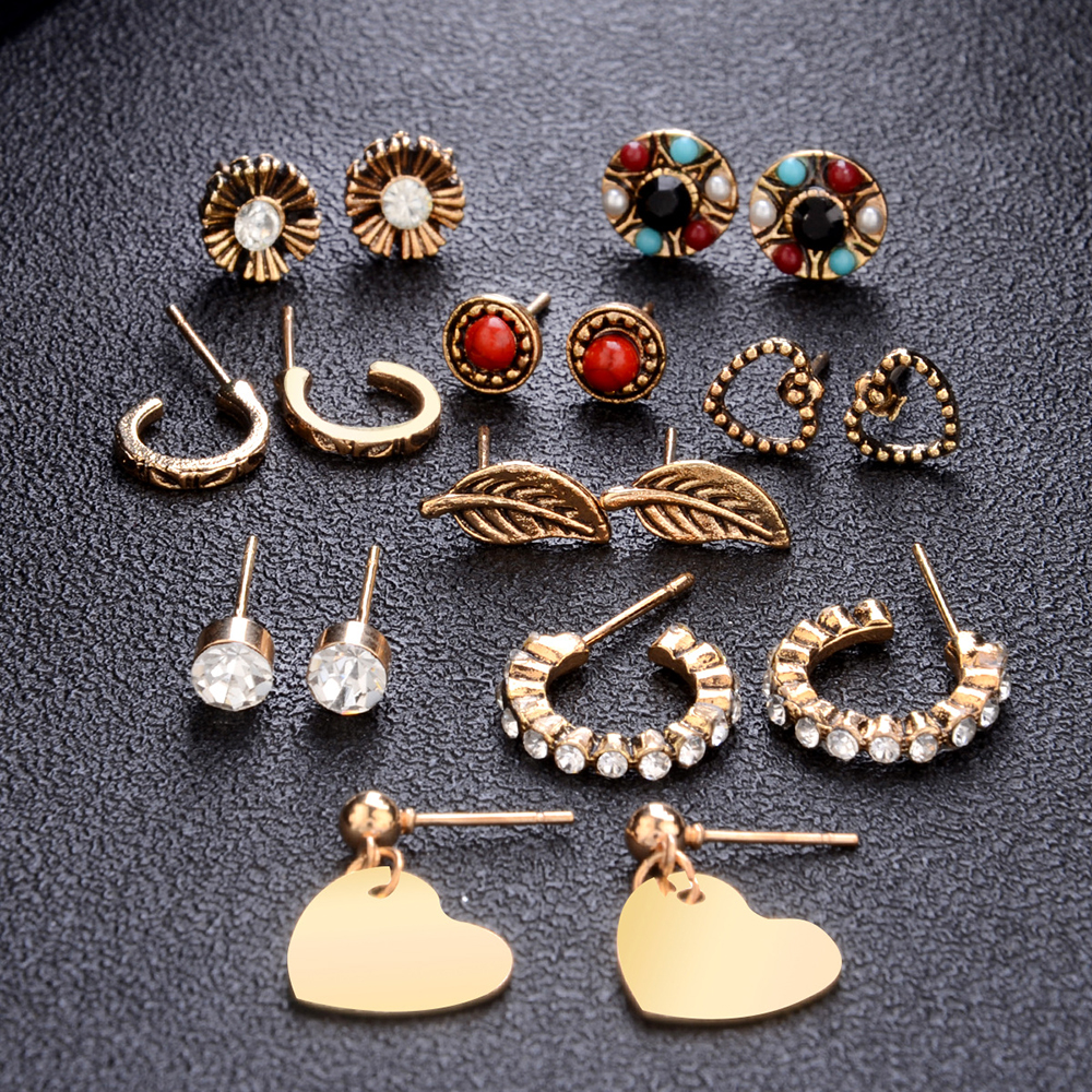 9-PIECE Set with Diamond Leaf Heart-Shaped Earring for Women'S Fashion